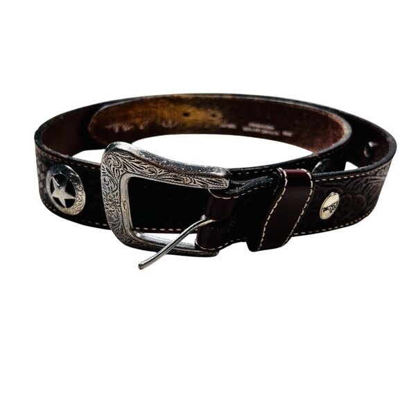 Vintage Larry Mahan Western Belt Leather Concha Brown Silver 38 Men - Picture 1 of 6
